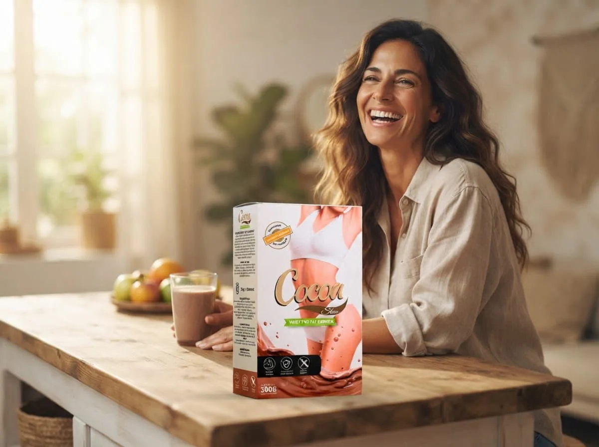 Mujer disfrutando un vaso de Cocoa Slim sabor cacao en la cocina